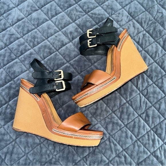 Chloe Shoes Women 10 40 Wedges Heels Sandals two tone platform Tan leather - Picture 4 of 16